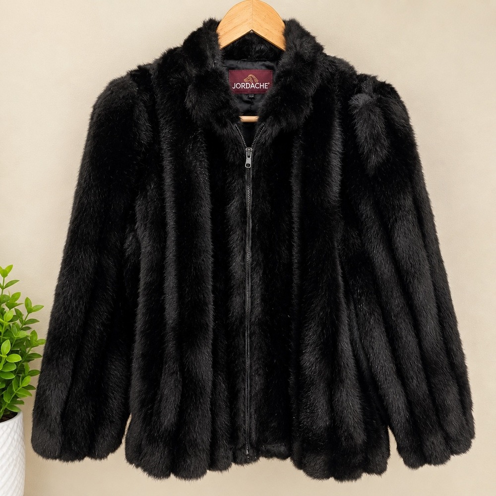 VTG Jordache Faux Fur Jacket Black Zip Front Made in USA Sz 11/12 Glam Mob Boss